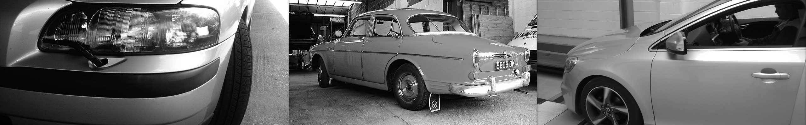 lovely black and white wide montage of very old to new volvos entering excels garage