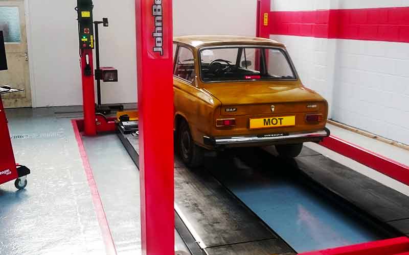 a very old wonderful daf car being mot tested at excels chesterfield mot testing center